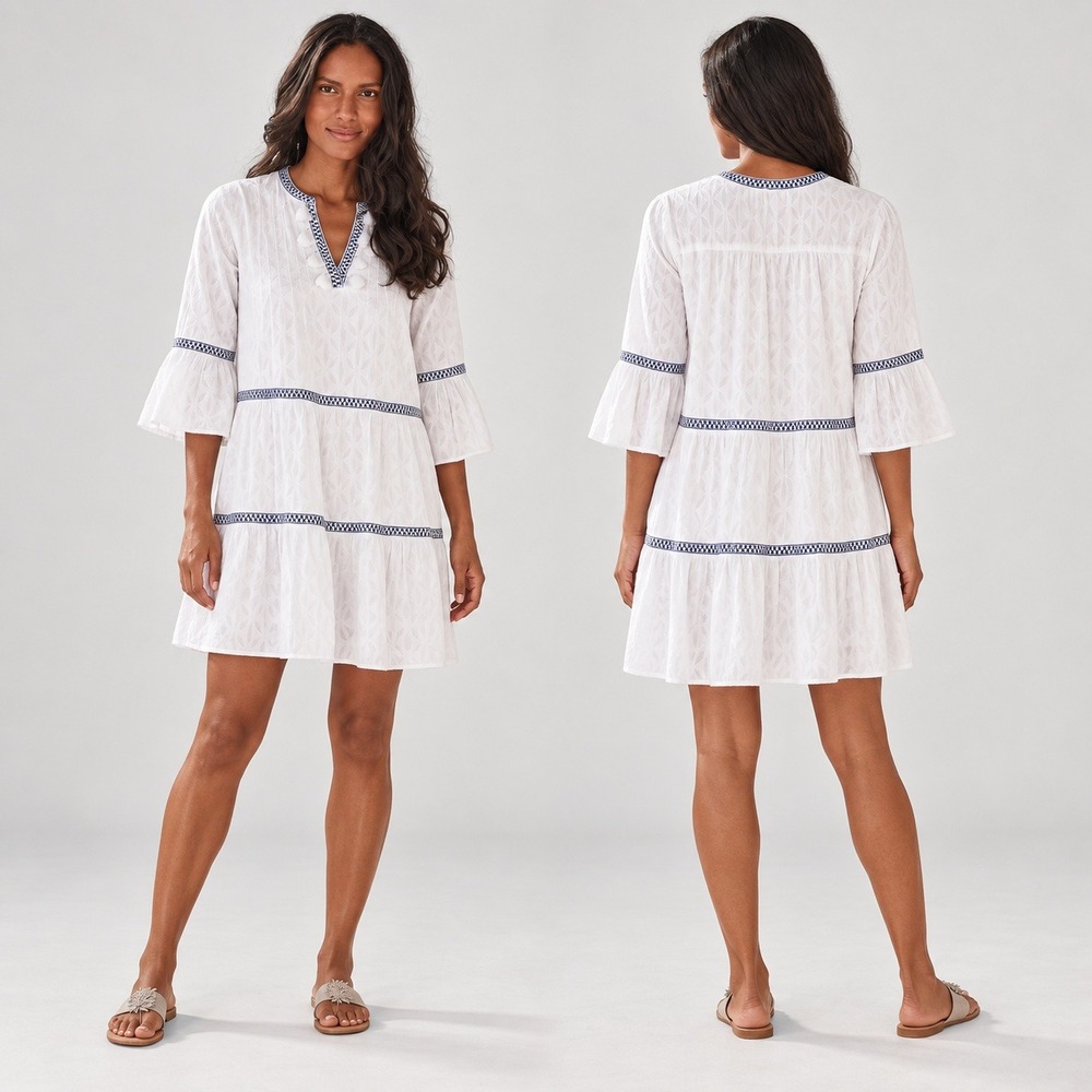 Tommy Bahama Jacquard Tiered Dress Medium White Cotton Clip Embroidered Coverup